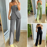 Nukty Trousers Set Tube Top Trousers Set Elegant Bandeau Top High Waist Wide Leg Pants Set for Women Single Breasted Off for Office