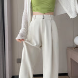 Nukty Summer Women's Casual Pants Wide Leg Pants Elegant Office Lady New Solid Color High Waist Loose Trousers Female