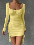 Nukty Sexy Square Neck Backless Tight Mini Dress Women's Long Sleeve Drawstring Pleated Party Wrapping Dress New Style