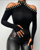 Nukty Bodysuit for Women Beaded Cold Shoulder Long Sleeve Bodysuit Autumn Europe and America Fashion Women's Clothing