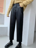 Nukty Autumn Winter PU Faux Leather Women's Wide Leg Pants High Waist Female Casual Loose Ankle Length Trousers New