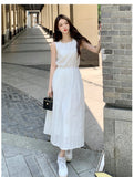 Nukty Summer Square Collar Embroider White Dress Women Elegant Party Solid Drawstring Female Sundress Fashion Chic Midi Dresses