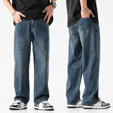 Nukty Baggy Jeans Men Wide Leg Pants Dark Blue Denim Pants Straight Cut Oversize Pants Korean Style Trousers For Men Clothing