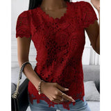 Nukty Women Lace Hollow T Shirt Top Fashion Round Neck Long Sleeve Office Lady Blouses Casual Vintage High Street Boho Tops All Season