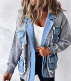 Nukty Raw Hem Cardigan Women Sweaters Patchwork Notched Collar Knitted Denim Jackets Jumpers Pockets Thick Coats Autumn Winter Outwear