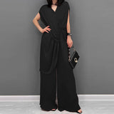 Nukty Women Elegant Long Jumpsuit Casual Loose Wide Leg Pants Summer V Neck Short Sleeve Playsuit Elastic Waist Overalls