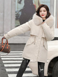 Nukty Winter Coat Low Price On Sale Women Beige Add Wool Thick Warmth Fur Hooded Parkas Jacket New Fashion Belt Slim Cotton Coat