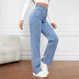 Nukty Denim Jeans Women Straight Pants Washing High Waist Loose Pockets Basics Ankle Length Y2k Blue Pants Streetwear Slight Strech