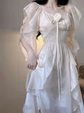 Nukty White Korean Elegant Dress Women Summer Chiffon Vintage Fairy Dresses Female Ruffles Korean Style Fashion Princess Dresses
