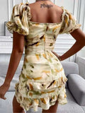 Nukty Women's 2024 Spring Summer New Fashion Print Drawstring Ruffle Edge Sexy Off Waist Short Sleeve Casual Office Dress