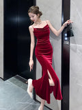 Nukty DRESS TO IMPRESS Sexy Vintage Split Velvet Spaghetti Strap Midi Dresses for Women Korea Summer French Elegant Wedding Party Female Clothing