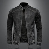 Nukty High Quality Men's Denim Jackets Black Stand Collar Motorcycle Outerwear Cotton Vintage Bomber Jacket Mens Moto Biker Denim Coat