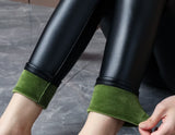 Nukty Autumn Winter Velvet Thick Warm Leather Pants Women Elastic PU High Waist Leggings Black Casual Slimming Fleece Trousers