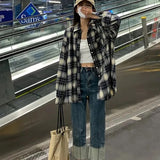 Nukty Autumn All Match Plaid Shirts for Women Korean Fashion Button Up Oversized Shirt Woman Aesthetic Loose Blouse Female