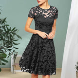 Nukty Women Summer Dress See-through Hollow Out Lace Party Mini Dress Round Neck A-line Plus Size Prom Dress Women Clothes