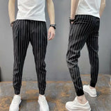 Nukty Men Harem Pants Striped Drawstring Elastic Waist Slim Fit Streetwear Spring Autumn Stretch Ankle Tied Pencil Pants for Daily