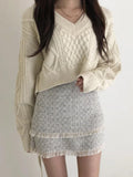 Nukty Japanese Sweet Lace Up Knit Sweater Women Cute Sexy Back Irregular V-neck Loose Long Sleeve Cropped Sweater Pullover