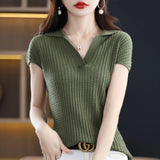 Spring and Summer New Cashmere Sweater Polo collar Women's Short sleev Knitted Sweater Loose Thin Pullover Short-Sleeved