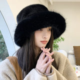 Nukty Winter Hat for Women Faux Fur Fluffy Bucket Hat for Women Luxury Plush Hat Thicken Snow Oversized Fur Bucket Hat Soft Panama Cap