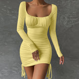 Nukty Sexy Square Neck Backless Tight Mini Dress Women's Long Sleeve Drawstring Pleated Party Wrapping Dress New Style