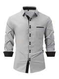 Nukty Men's Shirt Business Casual Comfortable Cotton Lapel Color Matching Pocket Holiday Long Sleeve Top