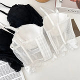 Nukty French Chic Sexy Crop Top Women Lace Sheer Spaghetti Strap Corselet Female Tank Tops Built in Bra Backless Skinny Camis