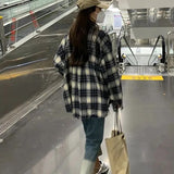 Nukty Autumn All Match Plaid Shirts for Women Korean Fashion Button Up Oversized Shirt Woman Aesthetic Loose Blouse Female