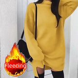 Nukty Fleece High Neck Side Slit Casual Long Sleeve Sweatshirt Short Dress Woman Dress Autumn Winter All-match Simple Basic Sportwear