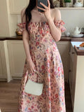 Nukty Korean Chic One Line Collar Contrast Color Pleated Waist Slim Strapless Floral Dress For Women 2024 Spring Summer