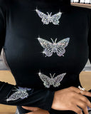 Nukty New Womens Casual T-shirt Femme Fashion Butterfly Pattern Studded Long Sleeve Tops  Shirt XS-5XL