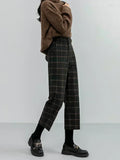 Nukty New Autumn Winter Woolen Plaid Women Formal Straight Pants High Waist Ankle-Length Chic Loose Ladies Pants Pocket