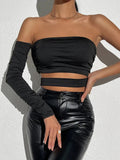 Nukty Off Shoulder Sexy Short T-Shirt Long Sleeve Ruched Crop Tops Women Nightclub Streetwear Party Shirt All Black