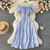 Women Floral Dress Bohemian A-Line Slash Neck Short Sleeves Dress Summer Vintage Beach off Shoulder Polka Dot Sundress