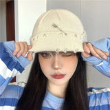 Nukty Winter Harajuku Y2K Knitted Hat Women Fashion Warm Thick Men Hip Hop Pin Hole Skullcap Short Hat Unisex Basic Cap