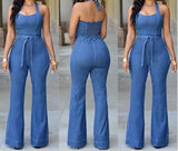 Nukty Women One Piece Solid Denim Jumpsuits Sleeveless V Neck Rompers Wide Leg Long Pants Overalls Sexy Slim Fit Hight Waist