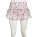 Nukty Kawaii Floral Print Lace Stitching A-line Skirt Pink Low Waist Chiffon Skirts Y2K Coquette Lolita Skirts Soft Girls