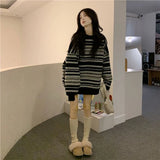 Nukty Autumn Oversized Striped Knitted Sweater Women Vintage Streetwear Loose Long Sleeve Pullover Harajuku Casual O Neck Midi Jumper