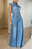 Nukty Jumpsuits Women One Piece Denim Jeans Overalls Sleeveless High Waist Turn Down Collar Wide Leg Long Pants Rompers Summer 2024