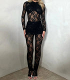 Nukty 2024 New Lace Jumpsuits for Women Long Sleeve See Through Romper With Skirts Two Piece Set Sexy Party Club Jumpsuit