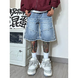 Nukty American High Street Men's Wide Leg Denim Shorts Summer New Fashion Casual Baggy Short Jeans Male Chic Burrs Clothes