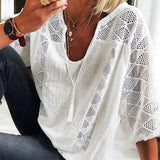 Fashion Hollow Out Tops Summer V-neck Short Sleeve Cotton White Shirt Women Casual Loose Stitching Lace Blouse Blusas