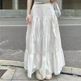 Spring Summer Women Skirts Vintage High Waist Elastic Patchwork White White Chic Long Cake A-line Skirt for Student