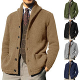 Nukty Men Knitted Coat Lapel Long Sleeve Pockets Thickened Cardigan Sweater Men Autumn Solid Buttons Placket Knitted Coat for Work