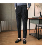 Nukty British Style Men High Waist Casual Dress Pant Men Belt Design Slim Trousers Formal Office Social Wedding Party Dress Suit Pants