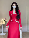 Nukty party look inspos French Solid Autumn Winter Knitted Dress Elegant Women New Peter Pan Collar High Waist Long Dress Lady Office Sweater Vestidos