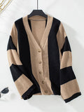 Nukty Flared Sleeves Long Sleeves Buttoned Contrast Color Striped V-Neck Cardigan Tops