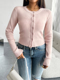 Nukty Long Sleeves Buttoned Solid Color Round-Neck Cardigan Tops