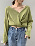 Nukty Long Sleeves Loose Buttoned Solid Color V-Neck Cardigan Tops