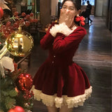 Nukty party look inspos Elegant Velvet Lace Ruffles Patchwork Short Dresses for Women Long Sleeve A-line Korean Fashion Christmas Birthday Party Dress