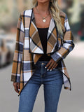 Nukty Long Sleeves Loose Contrast Color Plaid Split-Joint Collarless Outerwear